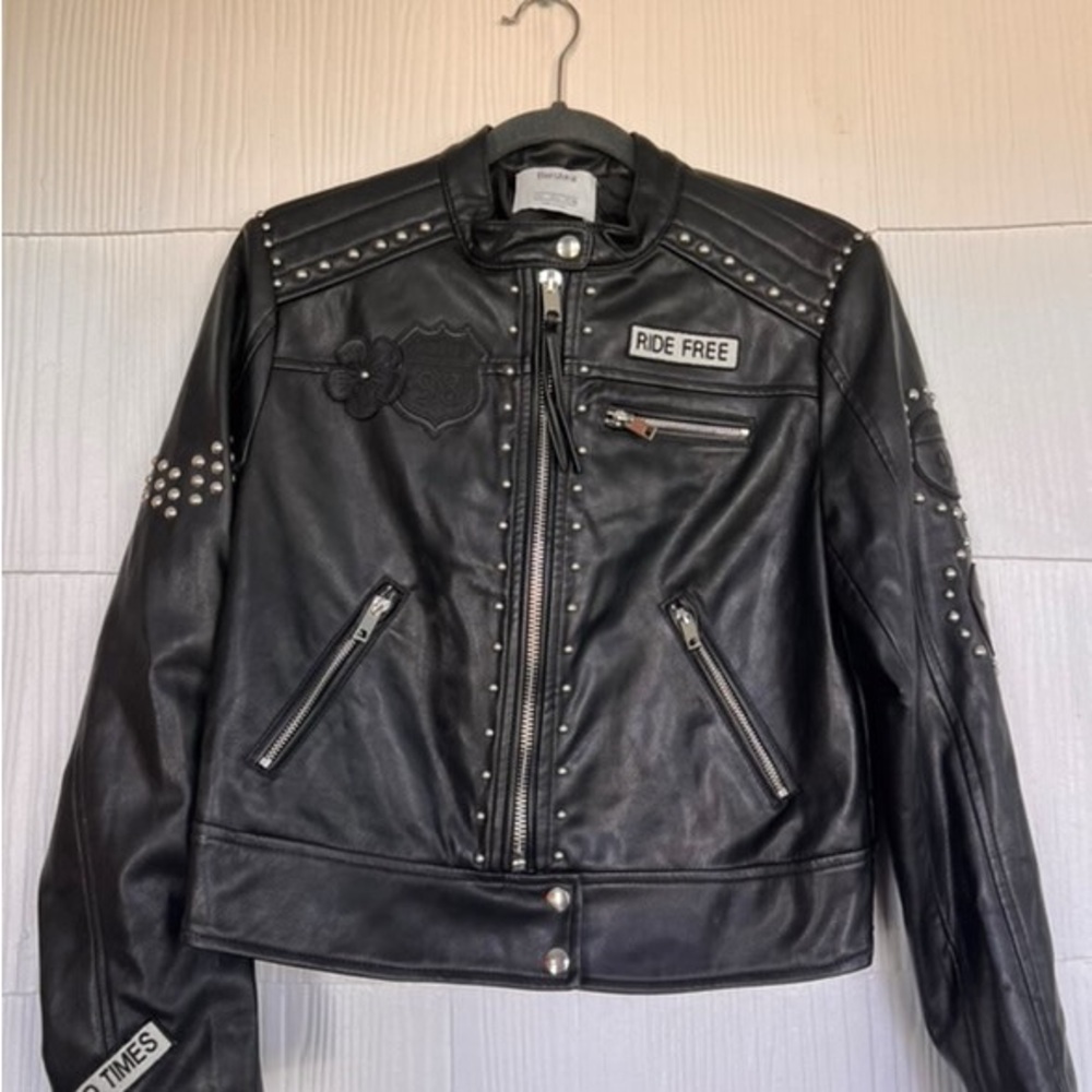 Black Leather Jacket with Studded Details